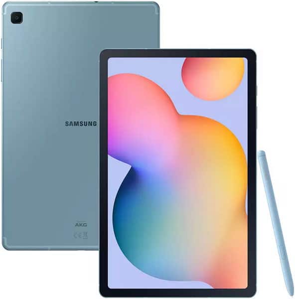 Samsung Galaxy Tab in blue, front and rear views, with colorful display and matching blue stylus placed alongside.
