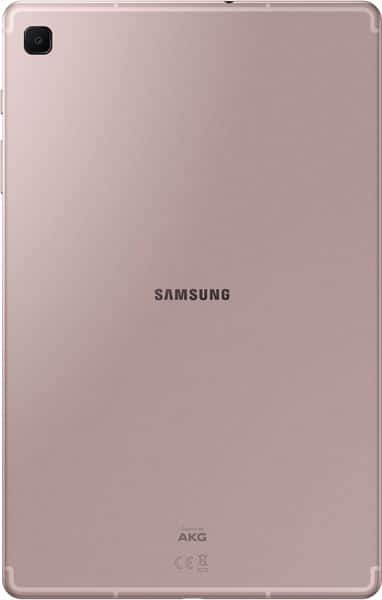 Samsung Galaxy Tab rear view in rose gold, Samsung logo centered, AKG branding near bottom, rear camera top left corner.