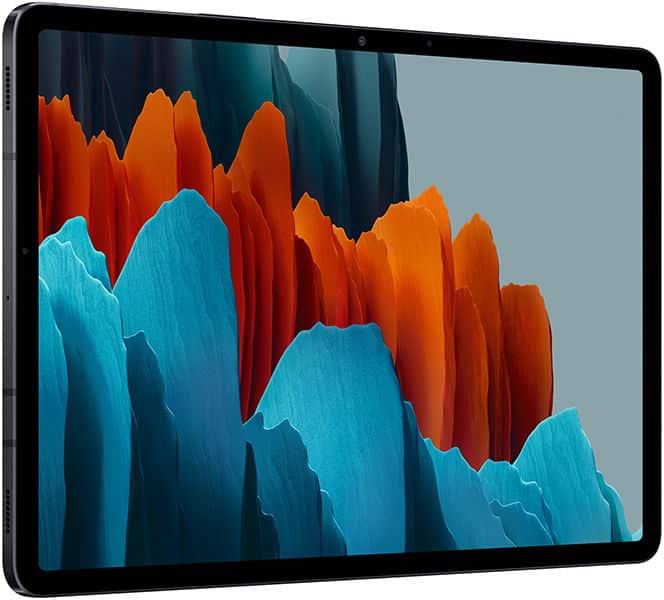 Front view of Samsung Galaxy Tab screen showing an abstract art wallpaper with blue, gray, orange, and red jagged shapes.