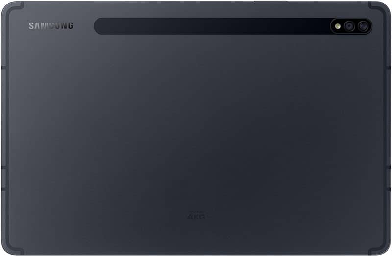 Rear view of Samsung Galaxy Tab, dark grey finish, Samsung and AKG logos, dual cameras with flash in top right corner.