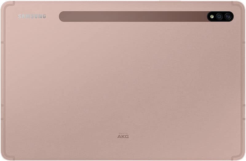Rear view of rose gold Samsung Galaxy Tab, showing dual-lens camera strip and Samsung, AKG logos on the back.