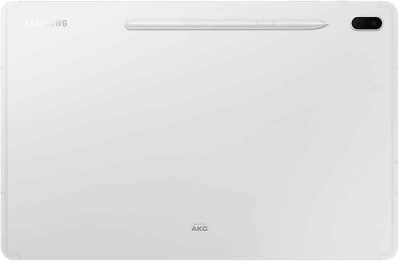 Rear view of white Samsung Galaxy Tab with top-attached stylus, dual cameras at upper right, and visible Samsung and AKG logos.