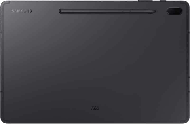 Rear view of Samsung Galaxy Tab; black finish with stylus slot, top-right camera, and visible Samsung and AKG logos.