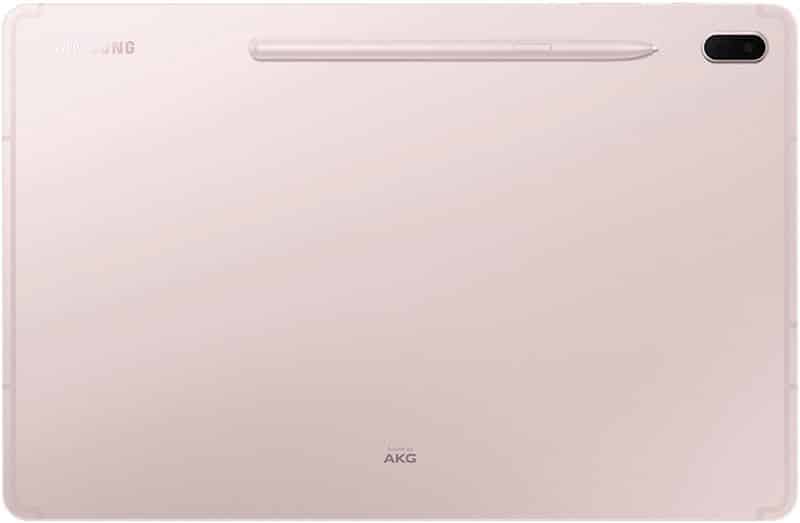 Rear view of Samsung Galaxy Tab S6 in light pink with matching stylus, rear camera top right, and AKG logo at the bottom.