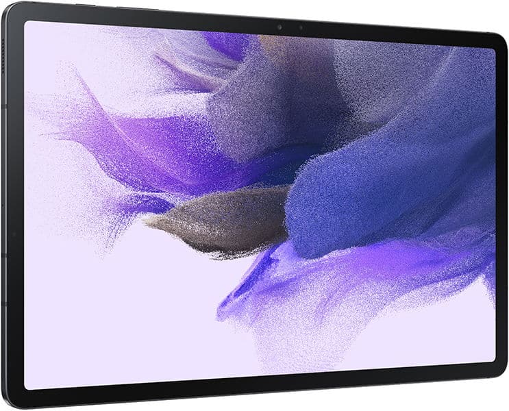 Front close-up of two overlapping tablets with thin black bezels, pastel glitch backgrounds. Brands/models unspecified.