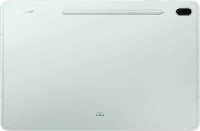 Samsung Galaxy Tab S7 rear view showing silver finish, top-right camera, attached stylus, and AKG logo near the bottom.