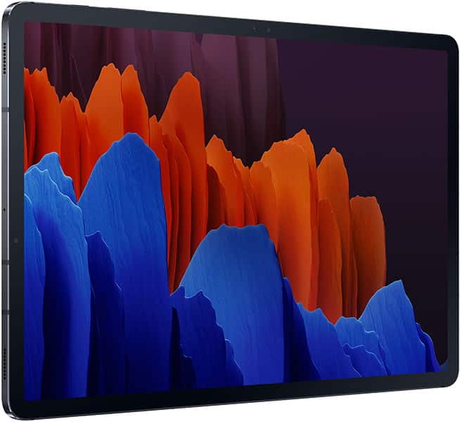 Apple iPad Pro shown from an angle, featuring thin bezels, sleek black design, and abstract red-orange-blue wallpaper on display.