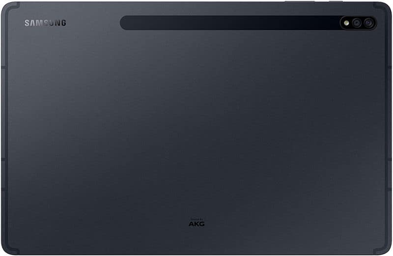 Samsung Galaxy Tab rear view in dark gray with top right camera strip, Samsung logo left, and AKG branding at bottom center.