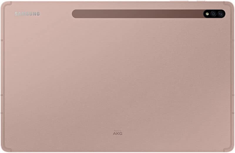 Rear view of Samsung Galaxy Tab in rose gold, showing top-right camera strip and Samsung/AKG logos on the back panel.