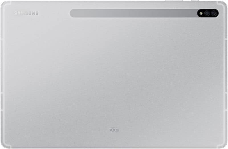 Rear view of a silver Samsung tablet, likely Galaxy Tab, showing camera strip top right and Samsung, AKG logos on metallic back.
