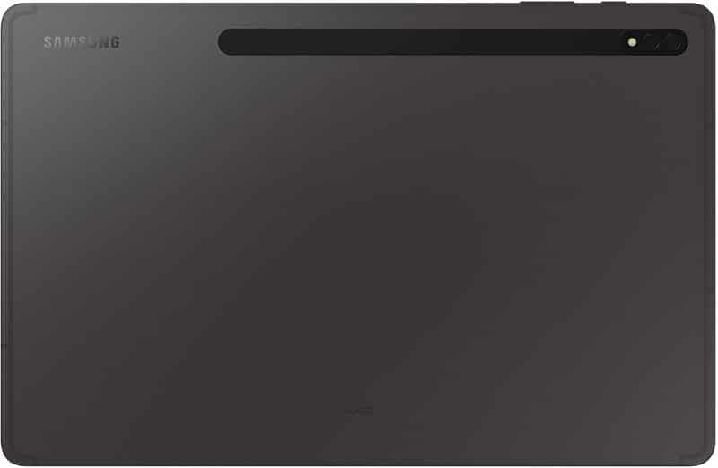 Rear view of Samsung Galaxy Tab S8 Ultra in black with dual-lens camera strip, flash, and discreet branding on the back.