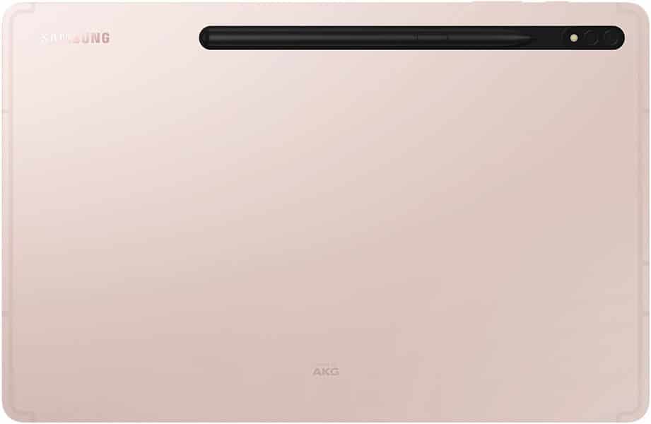 Samsung Galaxy Tab S9 rear view in pink, featuring a top black strip with stylus, dual cameras, and Samsung logo.