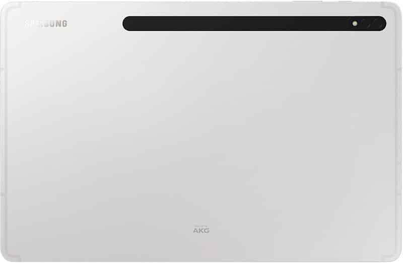 Rear view of Samsung Galaxy Tab S8; white finish, Samsung logo top left, black camera strip top right, Sound by AKG at bottom.