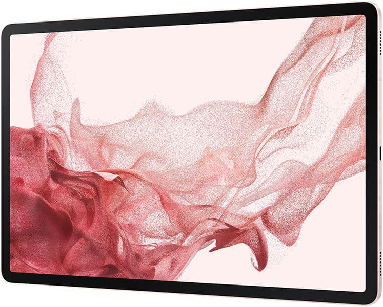 Front view of a black tablet with thin bezels showing pink abstract art; power and volume buttons on the right edge. Brand unspecified.