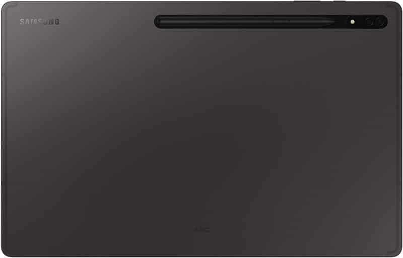 Samsung Galaxy Tab rear view; black finish, top right camera, stylus above Samsung logo, AKG branding at the bottom.