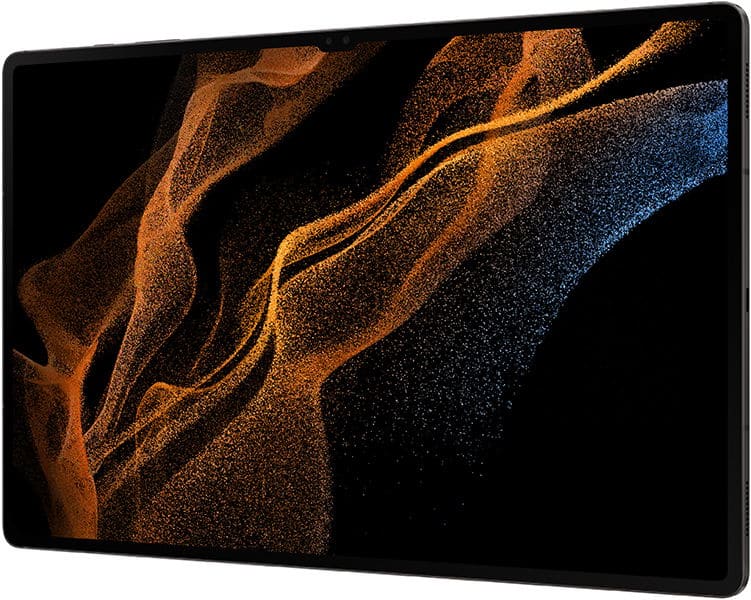 Samsung Galaxy Tab S8, black, thin bezels, angled front view with orange and blue abstract wallpaper on screen.