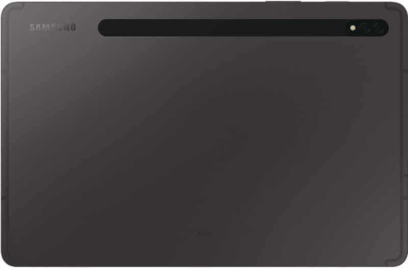 Samsung Galaxy Tab S-series rear view, black, single top-right camera, horizontal strip, Samsung and AKG logos visible.