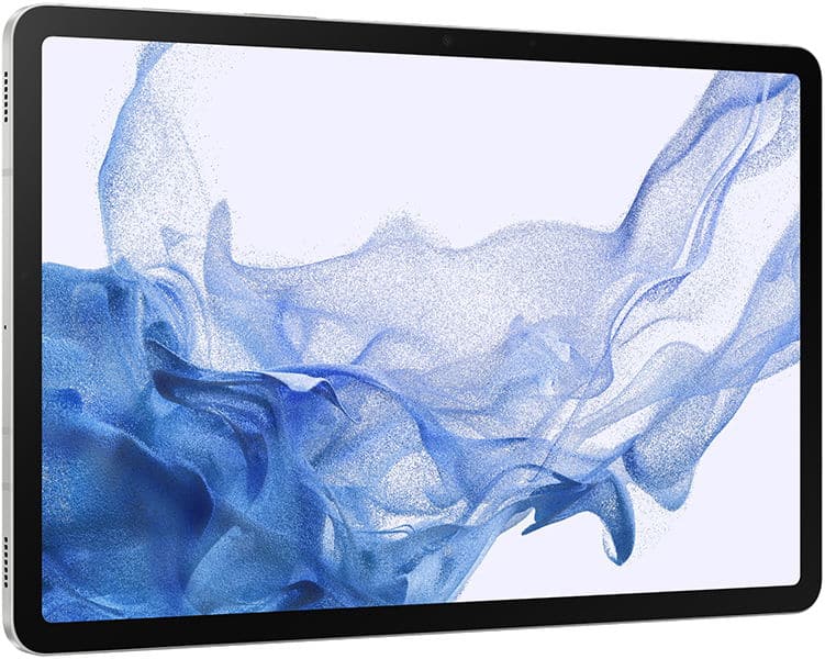 Tablet with black bezel and swirling blue abstract display, shown at a front angle to emphasize screen and slim profile.