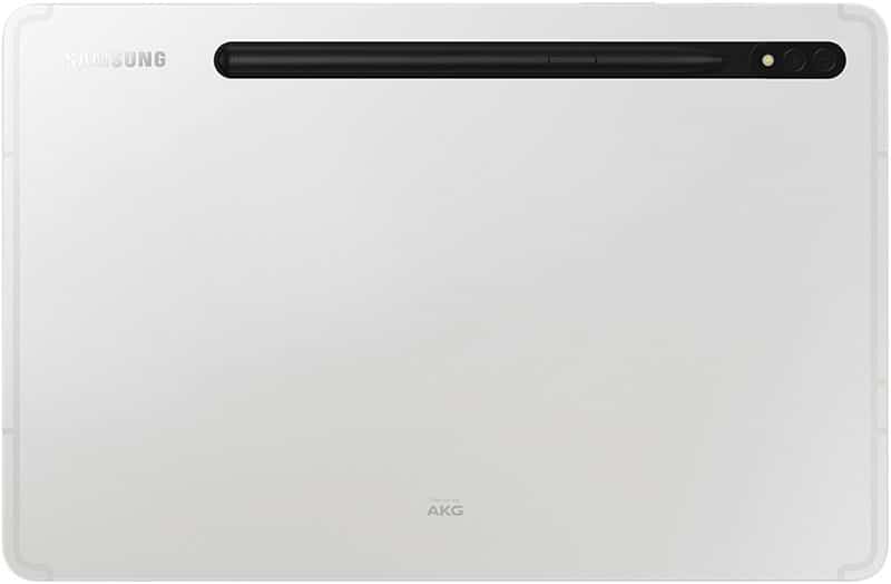 Samsung Galaxy Tab S8 Ultra rear view with dual cameras, recessed black stylus, and Samsung/AKG logos on a white finish.