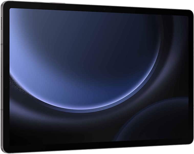 Black tablet with thin bezel, likely an iPad, shown front left angle, displaying blue and purple gradient abstract wallpaper.