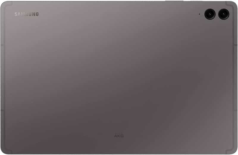 Rear view of gray Samsung Galaxy Tab, showing Samsung logo top left, dual cameras top right, and AKG logo at bottom center.
