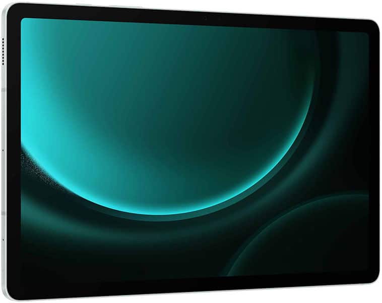 Black tablet (brand/model not specified), front angled view, large display with teal and black circular design on screen.