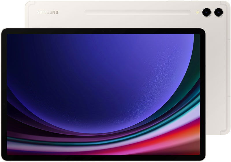 Samsung Galaxy Tab, white, front view with vivid display and rear view showing Samsung logo and dual cameras.