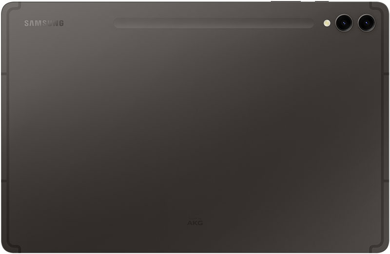 Samsung Galaxy Tab (rear view) in black with dual cameras, LED flash, Samsung logo top left, AKG logo bottom center.