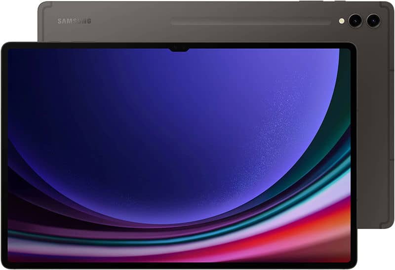 Samsung tablet shown from front and back; large display with abstract wallpaper, slim profile, dual rear cameras visible.