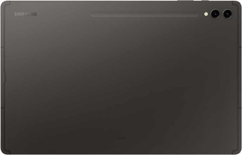 Rear view of black Samsung tablet with dual cameras and LED flash in top right, Samsung logo on upper left.