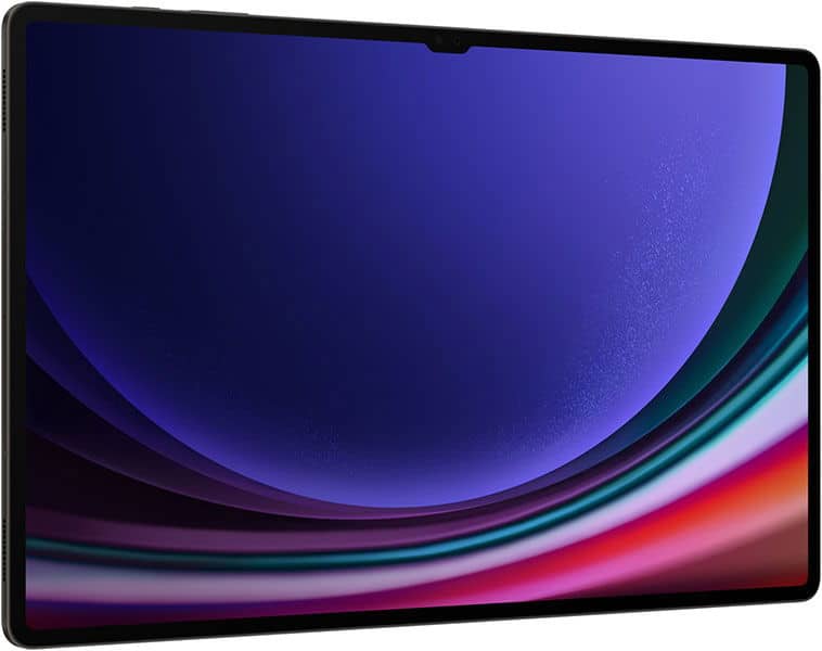 Black tablet with thin bezel, front view, screen on showing vibrant abstract colors in blue, purple, and red.