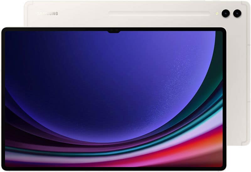 Samsung tablet front (display on with abstract art) and rear (white finish, dual cameras, Samsung logo) views shown side by side.