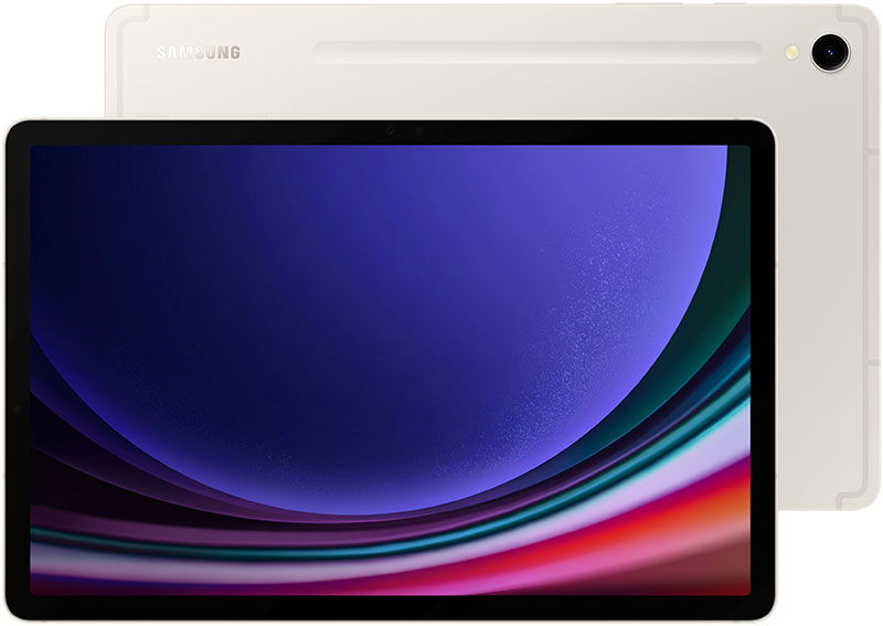 Samsung Galaxy Tab, white model, front display on with abstract wallpaper; rear view shows camera in top corner.