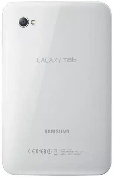 Samsung Galaxy Tab rear view, white back panel with camera, Galaxy Tab and Samsung branding visible