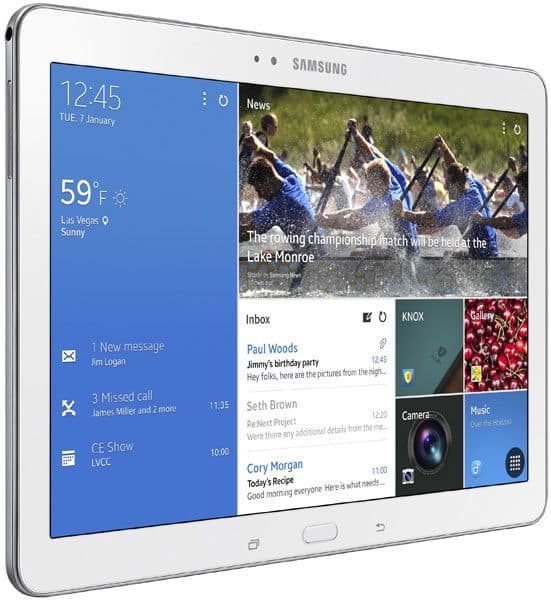 Samsung Galaxy tablet front view showing home screen with weather, calendar, notifications, and app tiles at 12:45, Jan 7.