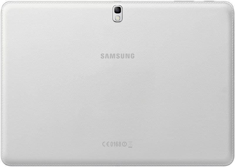 Rear view of a white Samsung tablet, camera at top center, Samsung logo mid-back, certification labels near the bottom.