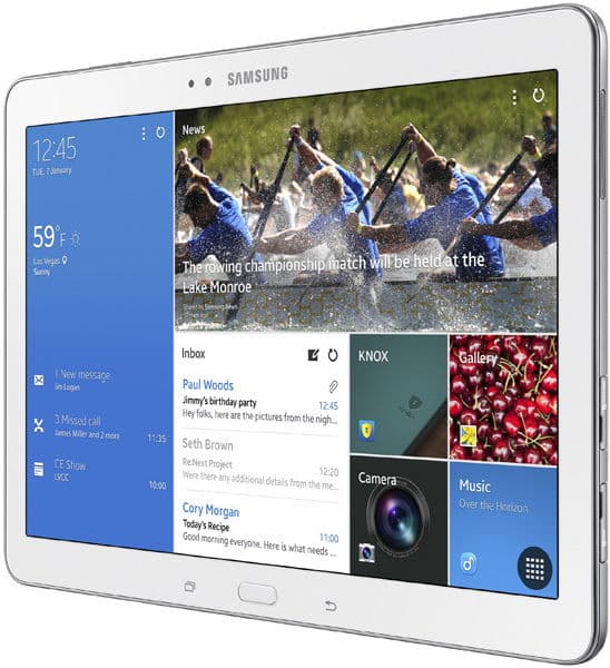 Front view of white Samsung Galaxy tablet with weather, email, news (rowing photo), calendar, gallery, camera, and music apps.
