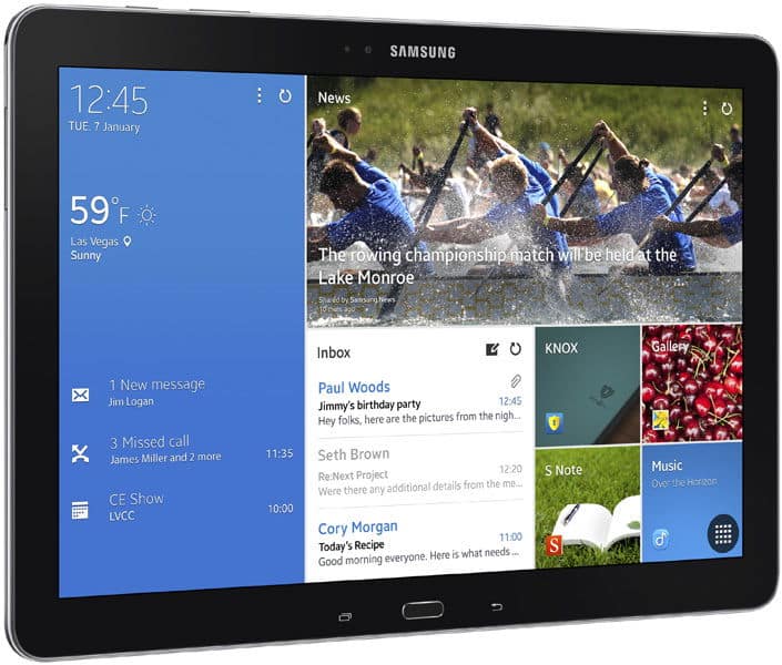 Front view of Samsung tablet showing home screen with weather, news, email, calls, app icons; 12:45, Jan 7, Las Vegas 59°F.