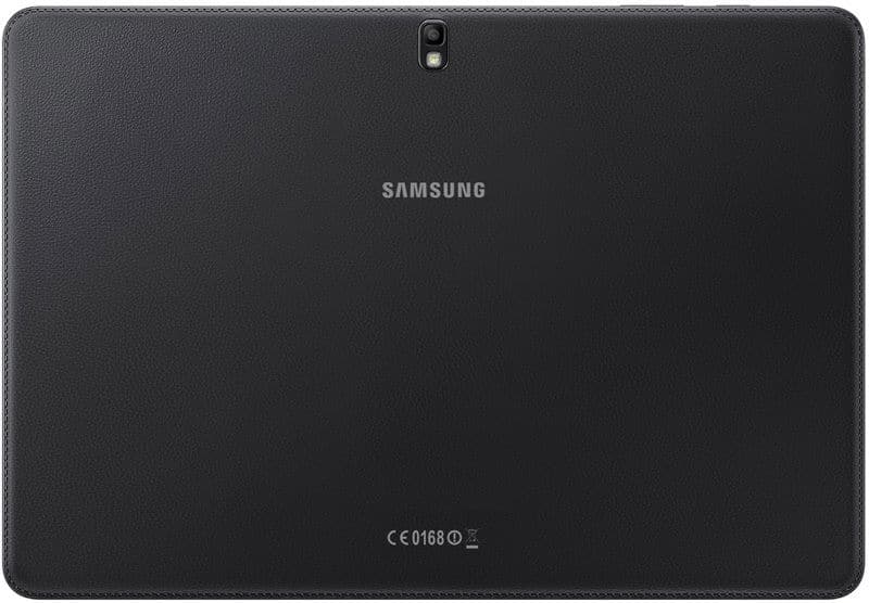 Rear view of black Samsung tablet, camera at top center, Samsung logo in middle, CE markings at bottom. Model unspecified.