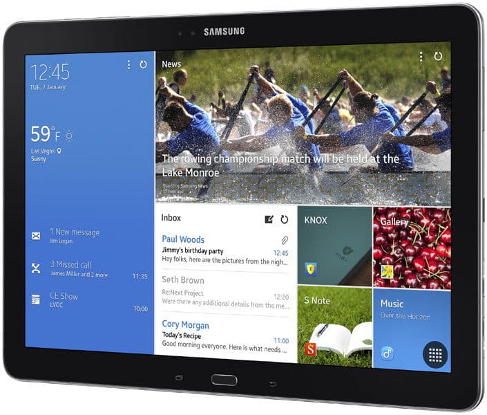 Front view of Samsung tablet home screen showing widgets for weather, news, calendar, email, photo, and app shortcuts.