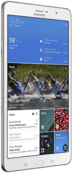 Samsung Galaxy Tab, silver, angled front view showing screen with weather, news, notifications, and app icons. 12:45 PM, Jan 7.