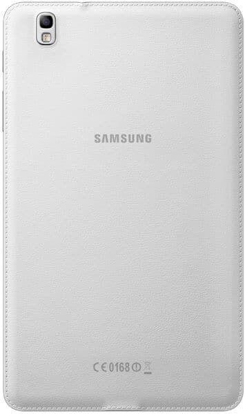 Samsung Galaxy Tab rear view in white, showing rear camera, central Samsung logo, textured back, and certifications at bottom.