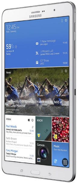 Samsung Galaxy tablet front view showing home screen with weather, email, news, and app icons; 12:45 PM, Tuesday Jan 7.