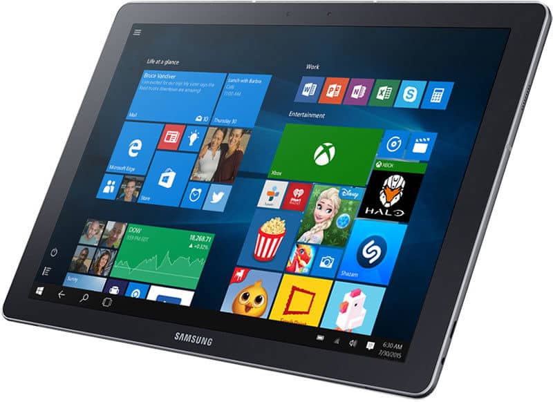Samsung tablet in side view shows Windows 10 Start menu with app tiles like Edge, Xbox, Store, Mail, and entertainment apps.