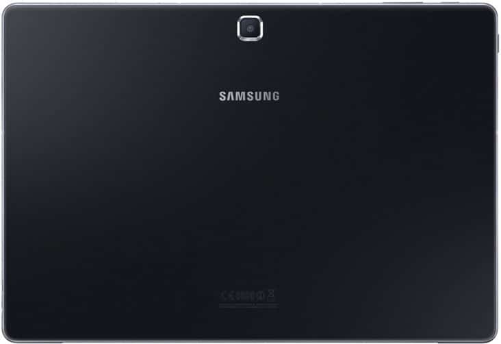 Rear view of black Samsung tablet showing top-centered camera and mid-back Samsung logo.
