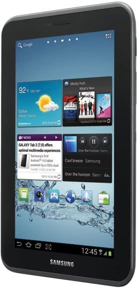 Front view of a Samsung tablet showing home screen with widgets, app icons, and water background. Screen time is 12:45.