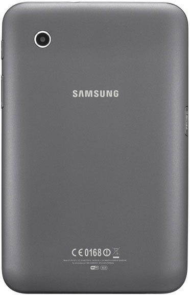 Rear view of a gray Samsung tablet with top-left rear camera, centered logo, and certification marks at the bottom.