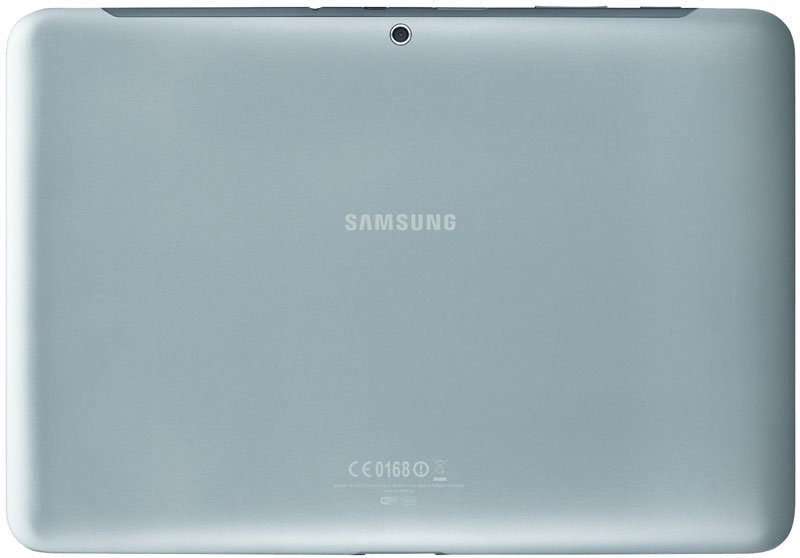Rear view of a silver Samsung tablet, logo centered, rear camera near top, and certification markings at the bottom.