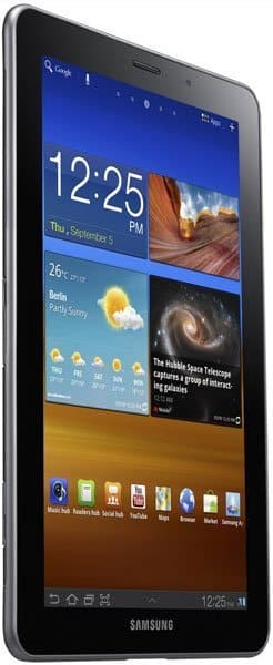 Samsung Galaxy tablet left side view showing home screen with 12:25 PM, Sep 5, and widgets for weather, news, and apps.