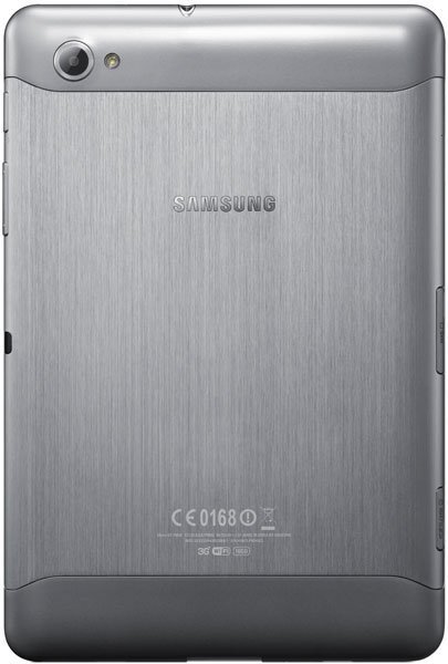 Rear view of Samsung Galaxy Tab, silver brushed metal finish, rear camera top left, Samsung logo centered.